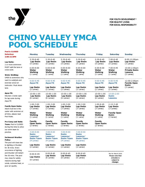 Chino Pool Schedule